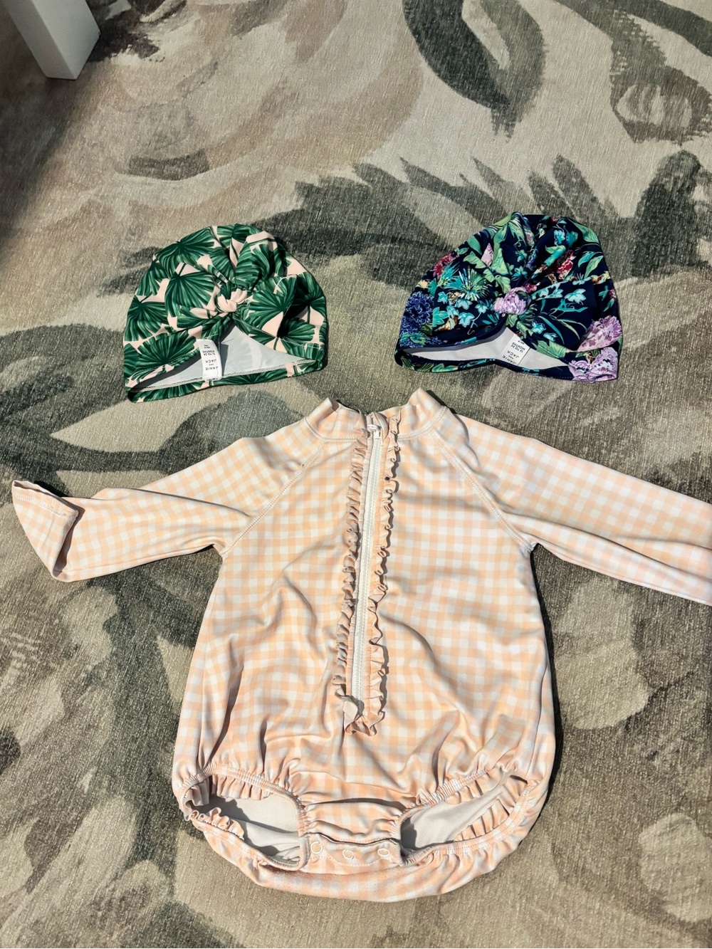 Janie & Jack 12-18 month swim suit pink checkered and 2 swim hats (12-24mo)